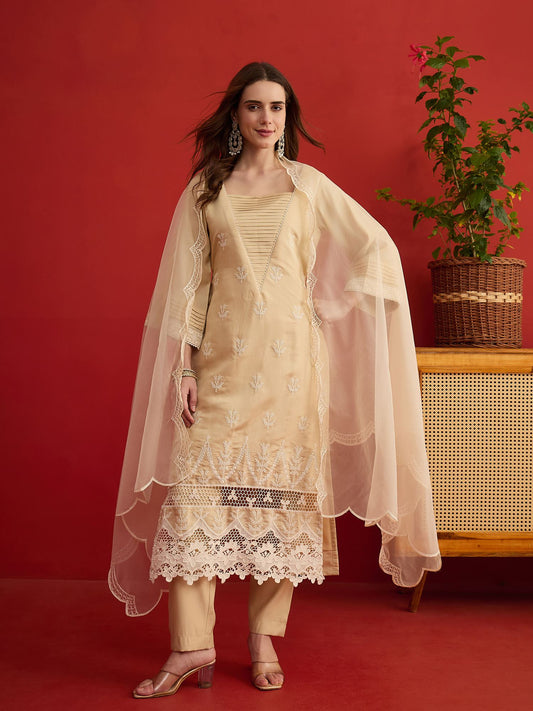Women Motifs Embroidered Regular Pure Silk Kurta with Trousers & Dupatta