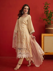 Women Ethnic Embroidered Regular Thread Work Silk Kurta with Trousers & Dupatta