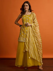 Women Ethnic Motifs Embroidered Angrakha Thread Work Kurti with Palazzos & With Dupatta