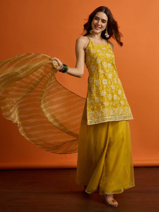 Women Ethnic Motifs Embroidered Angrakha Thread Work Kurti with Palazzos & With Dupatta