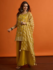 Women Ethnic Motifs Embroidered Angrakha Thread Work Kurti with Palazzos & With Dupatta