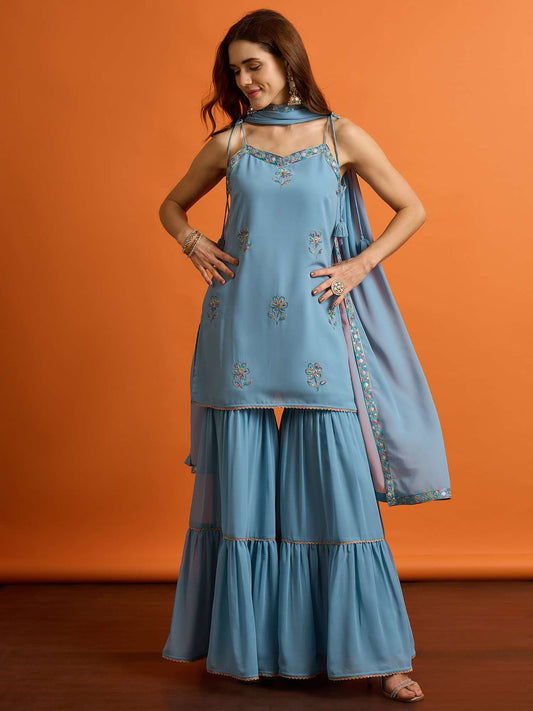 Women Ethnic Motifs Embroidered Regular Thread Work Kurta with Sharara & With Dupatta