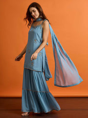 Women Ethnic Motifs Embroidered Regular Thread Work Kurta with Sharara & With Dupatta