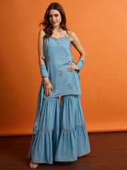 Women Ethnic Motifs Embroidered Regular Thread Work Kurta with Sharara & With Dupatta