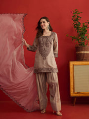 Women Thread Embroidered Farshi Salwar Kurta Set With Dupatta