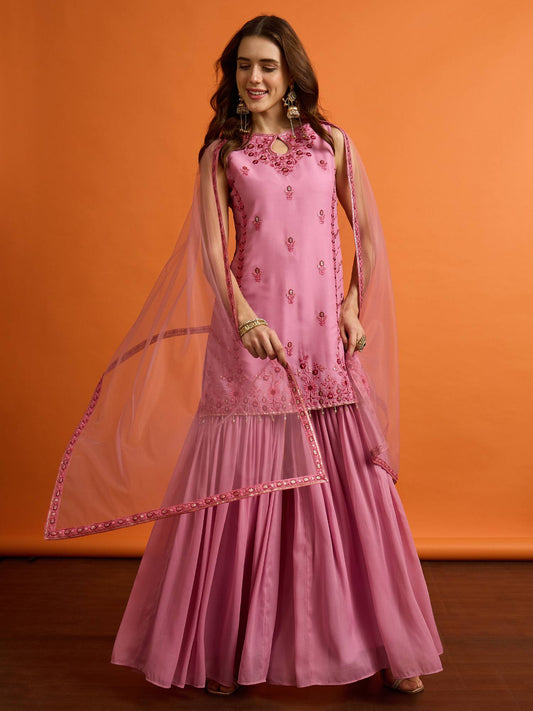 Women Ethnic Motifs Embroidered Regular Thread Work Kurta with Sharara & With Dupatta
