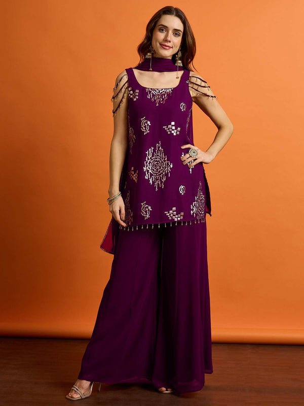 Women Ethnic Motifs Regular Sequinned Kurta with Palazzos & Dupatta