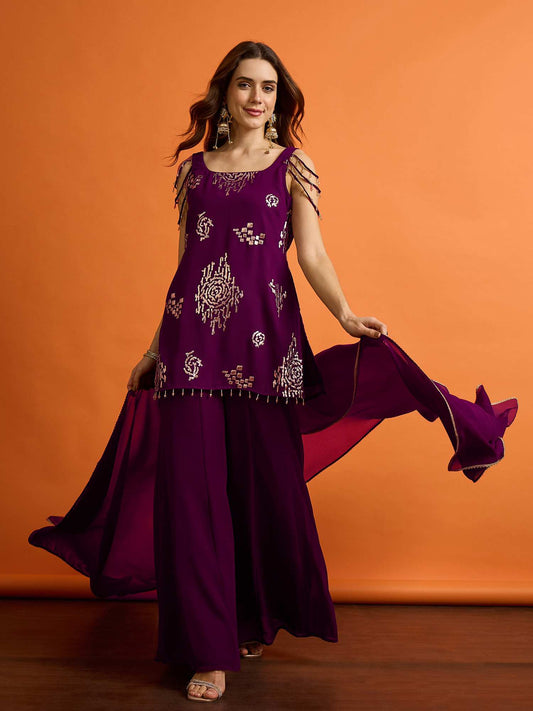 Women Ethnic Motifs Regular Sequinned Kurta with Palazzos & Dupatta