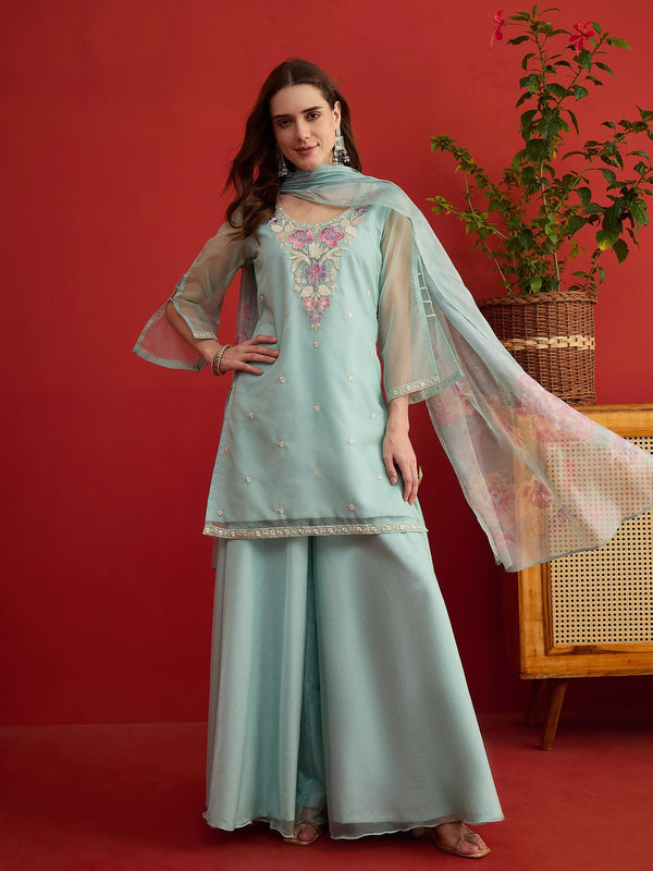 Women Floral Embroidered Regular Thread Work Kurta Palazzos With Dupatta