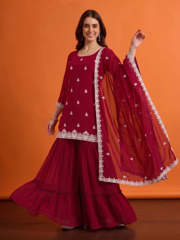 Women Ethnic Motifs Embroidered Regular Thread Work Kurta with Sharara & With Dupatta