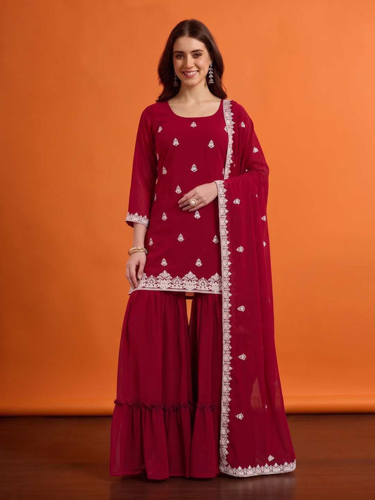 Women Ethnic Motifs Embroidered Regular Thread Work Kurta with Sharara & With Dupatta