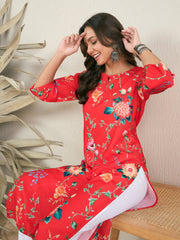 Floral Printed Keyhole Neck Pleated Cotton Straight Kurta