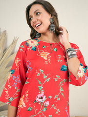 Floral Printed Keyhole Neck Pleated Cotton Straight Kurta