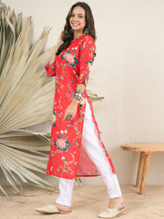 Floral Printed Keyhole Neck Pleated Cotton Straight Kurta