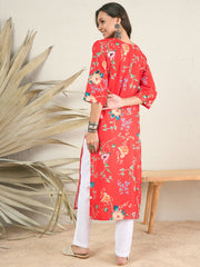 Floral Printed Keyhole Neck Pleated Cotton Straight Kurta