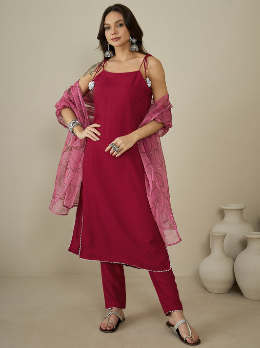 Shoulder Straps Gotta Patti Straight Kurta With Trousers & Dupatta
