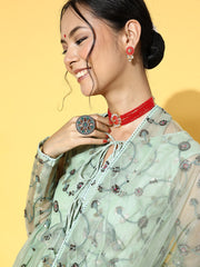 Green Women Floral Net Bling it On Kurta Set