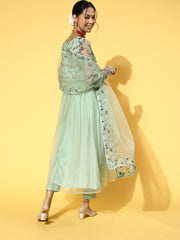 Green Women Floral Net Bling it On Kurta Set
