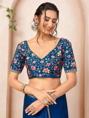 Floral Embroidered Mirror Work Satin Saree