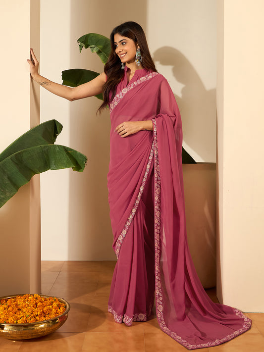 Floral Embroidered Poly Georgette Saree
