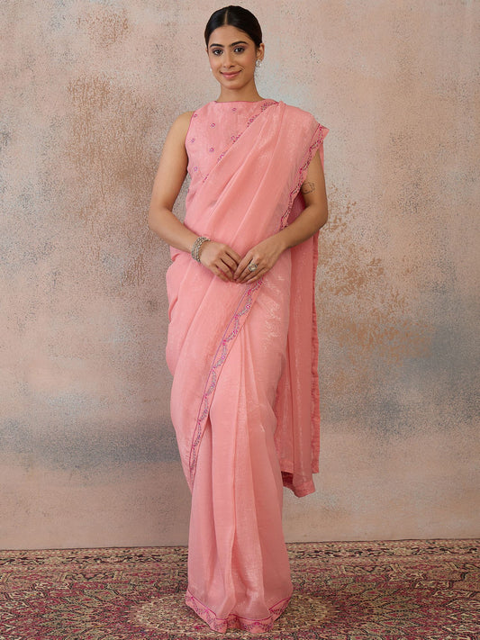 Pink Embroidered Silk Blend Saree