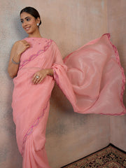 Pink Embroidered Silk Blend Saree