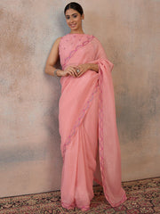 Pink Embroidered Silk Blend Saree