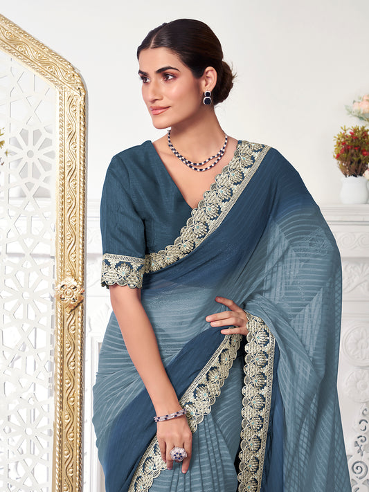 Striped Sequinned Embroidered Saree
