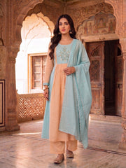Women Ethnic Motifs Embroidered Pleated Thread Work Chanderi Cotton Kurta with Trousers & With Dupatta