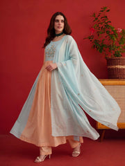 Embroidered Empire Chanderi Cotton Anarkali Kurta with Trousers & Dupatta
