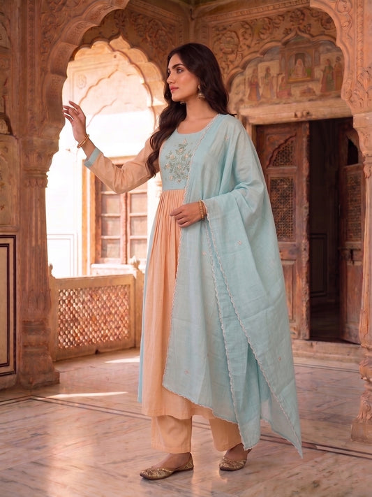 Women Ethnic Motifs Embroidered Pleated Thread Work Chanderi Cotton Kurta with Trousers & With Dupatta