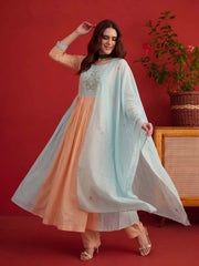 Embroidered Empire Chanderi Cotton Anarkali Kurta with Trousers & Dupatta