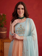 Embroidered Empire Chanderi Cotton Anarkali Kurta with Trousers & Dupatta