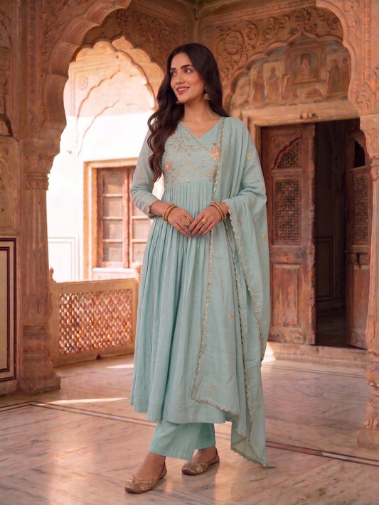 Women Ethnic Motifs Embroidered Pleated Thread Work Chanderi Cotton Kurta with Trousers & With Dupatta