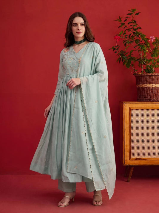 Women Regular Sequinned Chanderi Cotton Kurta with Trousers With Dupatta