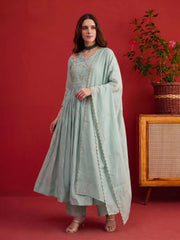 Women Regular Sequinned Chanderi Cotton Kurta with Trousers With Dupatta