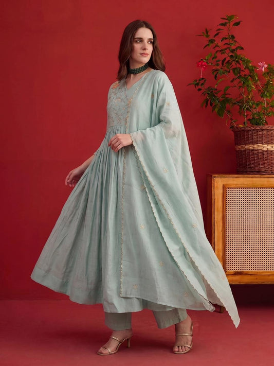 Women Regular Sequinned Chanderi Cotton Kurta with Trousers With Dupatta