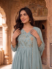 Women Ethnic Motifs Embroidered Pleated Thread Work Chanderi Cotton Kurta with Trousers & With Dupatta
