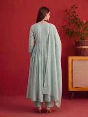 Women Regular Sequinned Chanderi Cotton Kurta with Trousers With Dupatta