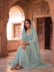 Women Ethnic Motifs Embroidered Pleated Thread Work Chanderi Cotton Kurta with Trousers & With Dupatta