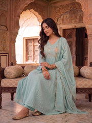 Women Ethnic Motifs Embroidered Pleated Thread Work Chanderi Cotton Kurta with Trousers & With Dupatta