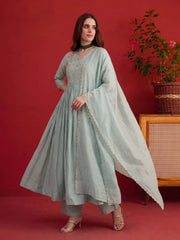 Women Regular Sequinned Chanderi Cotton Kurta with Trousers With Dupatta