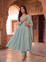 Women Ethnic Motifs Embroidered Pleated Thread Work Chanderi Cotton Kurta with Trousers & With Dupatta