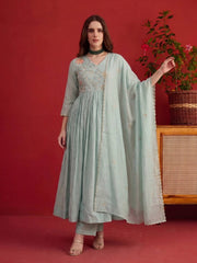Women Regular Sequinned Chanderi Cotton Kurta with Trousers With Dupatta