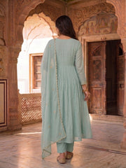 Women Ethnic Motifs Embroidered Pleated Thread Work Chanderi Cotton Kurta with Trousers & With Dupatta