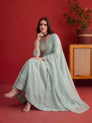 Women Regular Sequinned Chanderi Cotton Kurta with Trousers With Dupatta