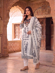 Women Ethnic Motifs Printed Regular Thread Work Kurta with Trousers & With Dupatta