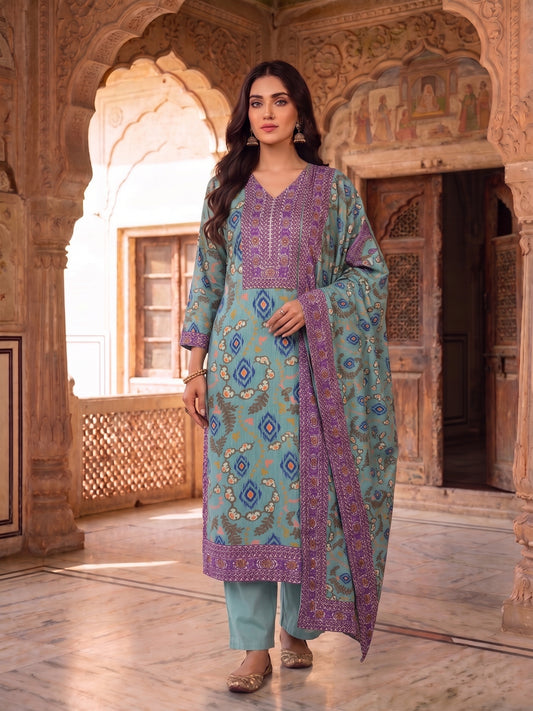 Women Ethnic Motifs Printed Regular Sequinned Linen Kurta with Trousers & With Dupatta
