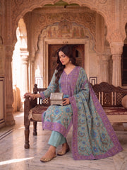 Women Ethnic Motifs Printed Regular Sequinned Linen Kurta with Trousers & With Dupatta