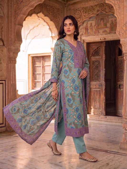 Women Ethnic Motifs Printed Regular Sequinned Linen Kurta with Trousers & With Dupatta